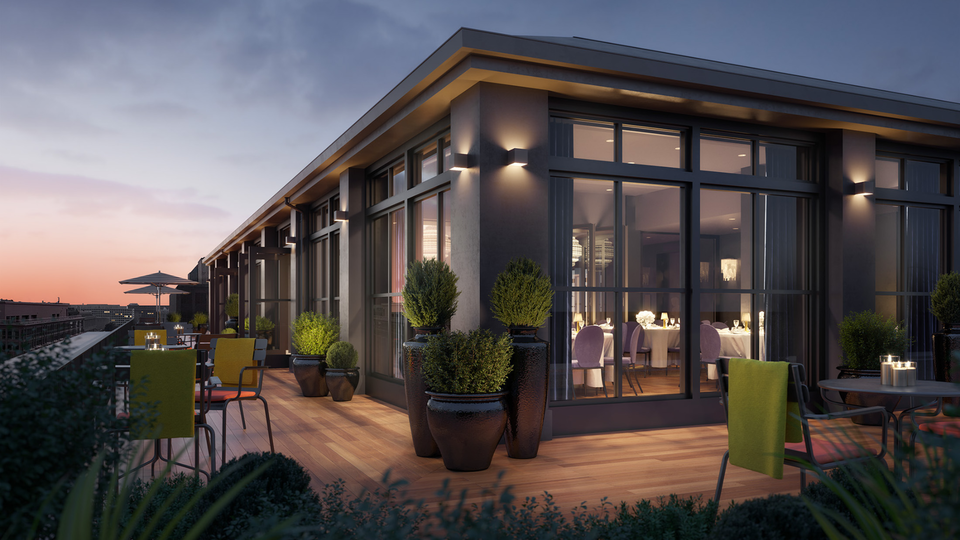 Rooftop dining with a view over downtown DC.