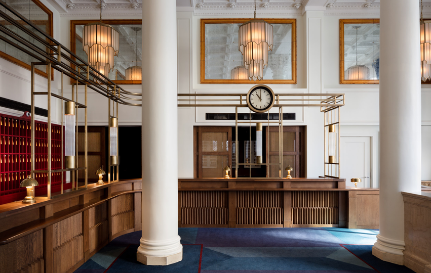 The hotel's lobby and reception area proudly reflects its origins as a bank.