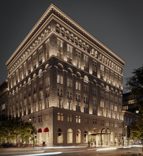 A rendering of the hotel at night.