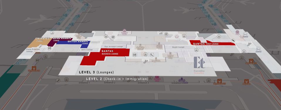Locations of the relevant lounges in Singapore Changi T1 (Level 3), with escalators marked from Level 2 (after immigration).