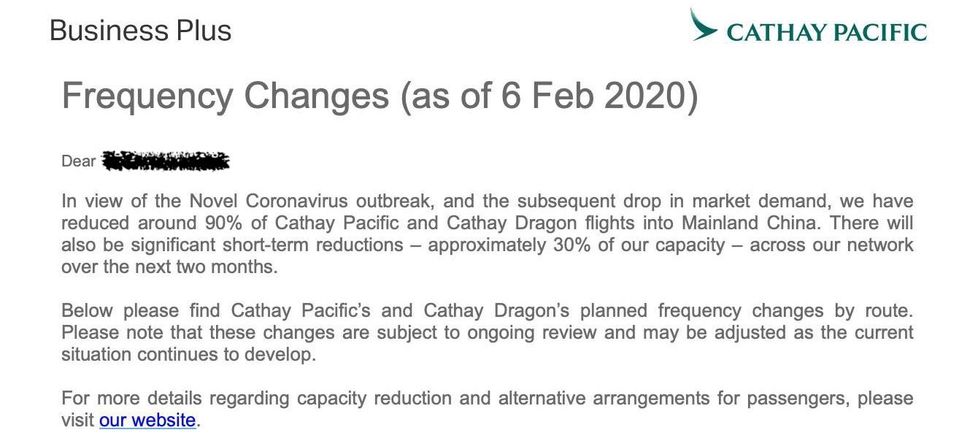 Cathay Pacific is now warning customers of sweeping changes to its worldwide network due to the coronavirus outbreak.