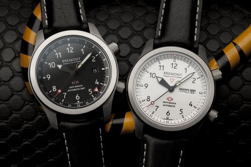 The black-dialled Bremont MB III GMT, and the white-dialled MB II.