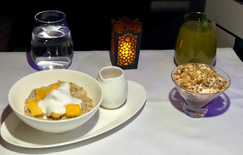 A healthy start to the 'day': coconut and chia seed porridge, and Greek yoghurt.