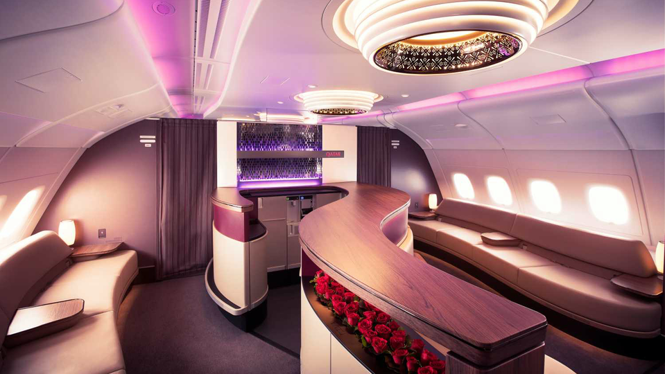Qatar Airways' spacious and luxurious Airbus A380 lounge serves as both a social space and a bar.