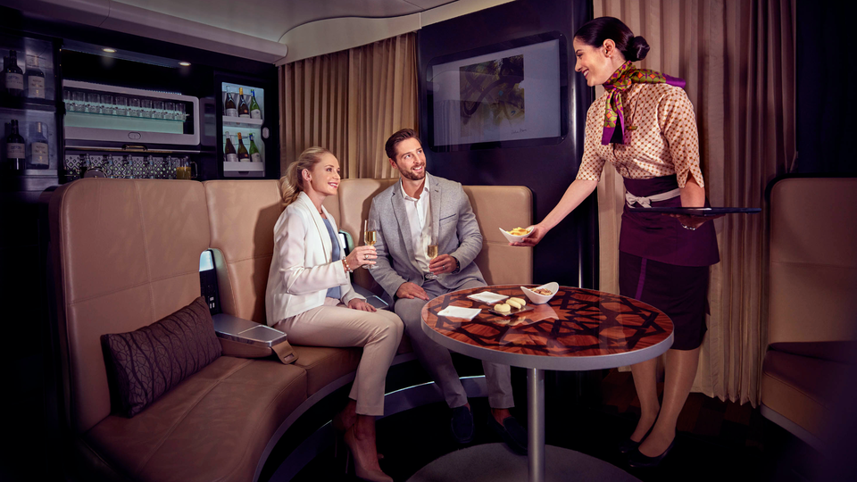 The cosy business class Lobby on board Etihad's Airbus A380.