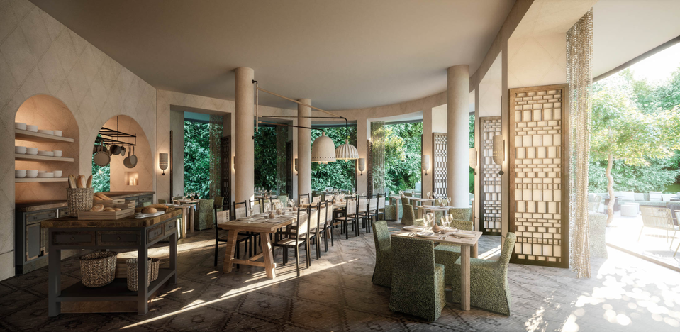 A rendering of the restaurant at Janu Montenegro, which spills onto a large, sunny terrace.