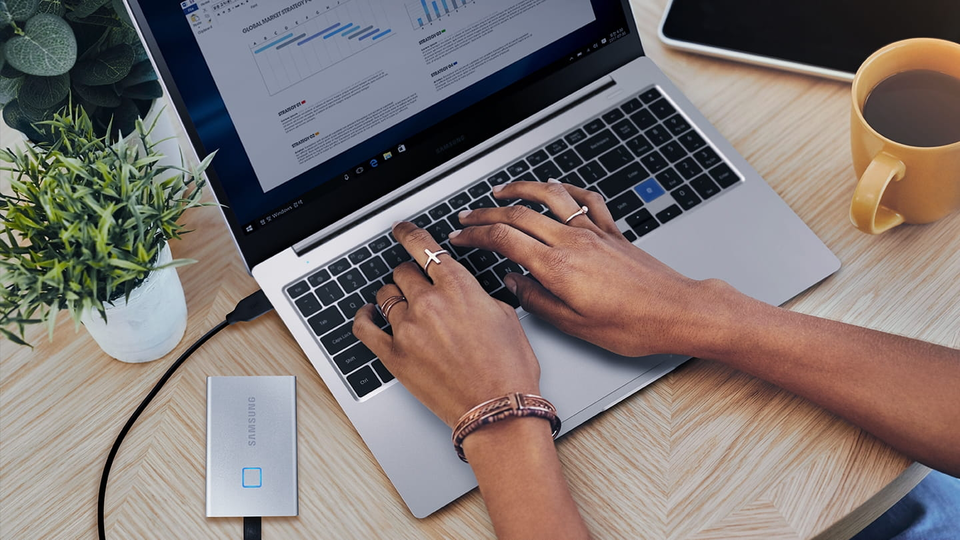 The T7 Touch SSD is about the same size as a credit card.