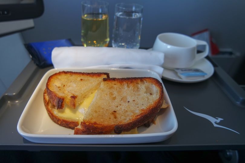 Toasted chicken and cheese sandwich on a Melbourne to Adelaide Boeing 737 flight.