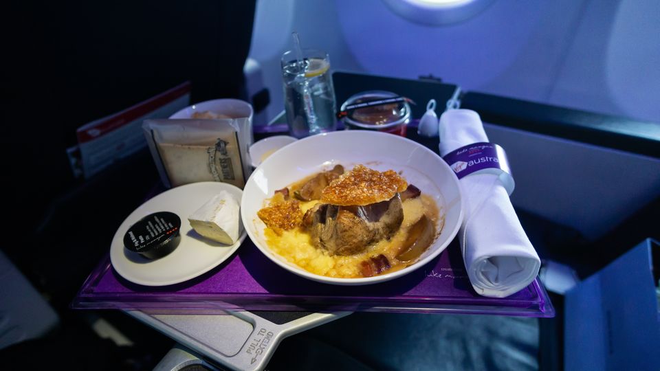 Roast pork and crackling for dinner on a Melbourne-Launceston Boeing 737 flight.
