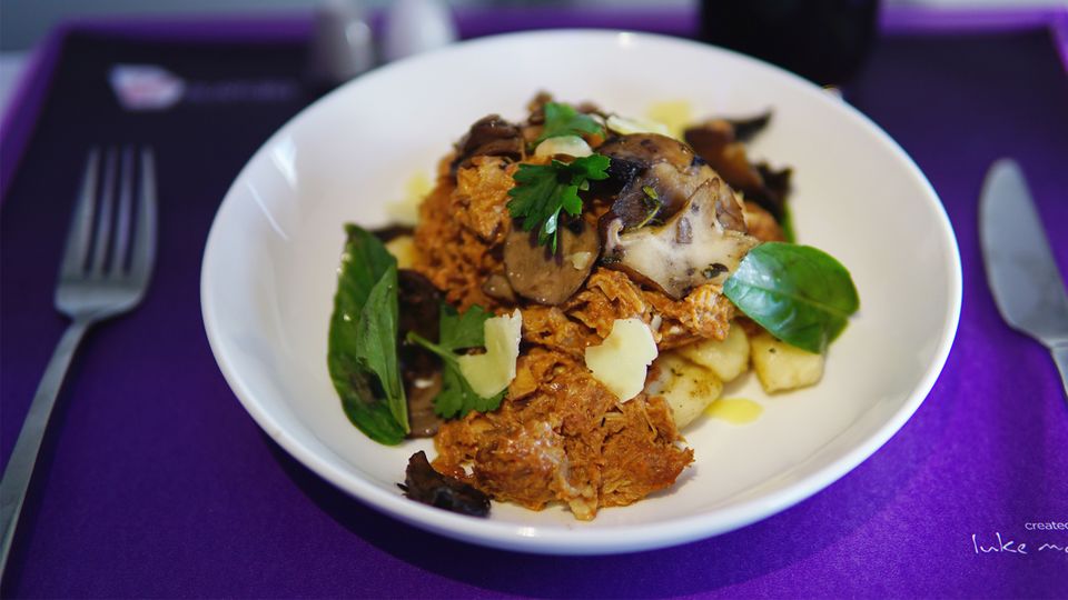 Pork ragu and gnocchi as a main course on a Melbourne to Perth Boeing 737 flight.