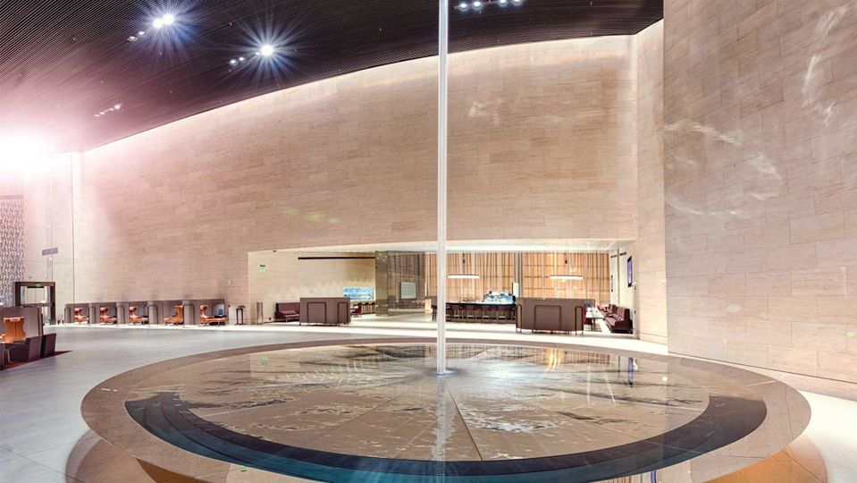 Qatar Airways' Al Safwa lounge features an eye-catching waterfall.