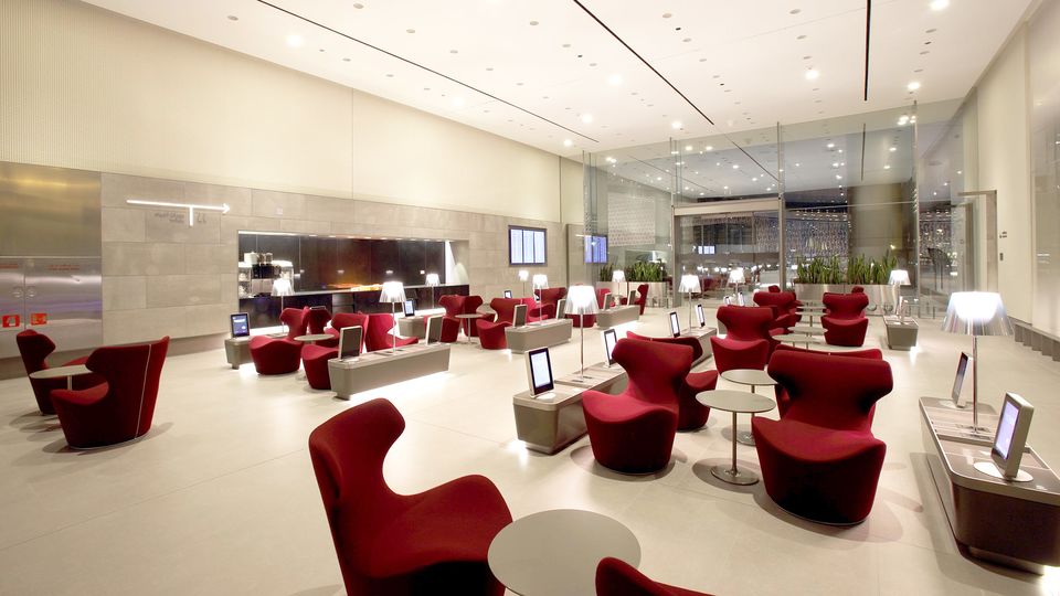 Seating in Qatar Airways' Al Mourjan lounge.