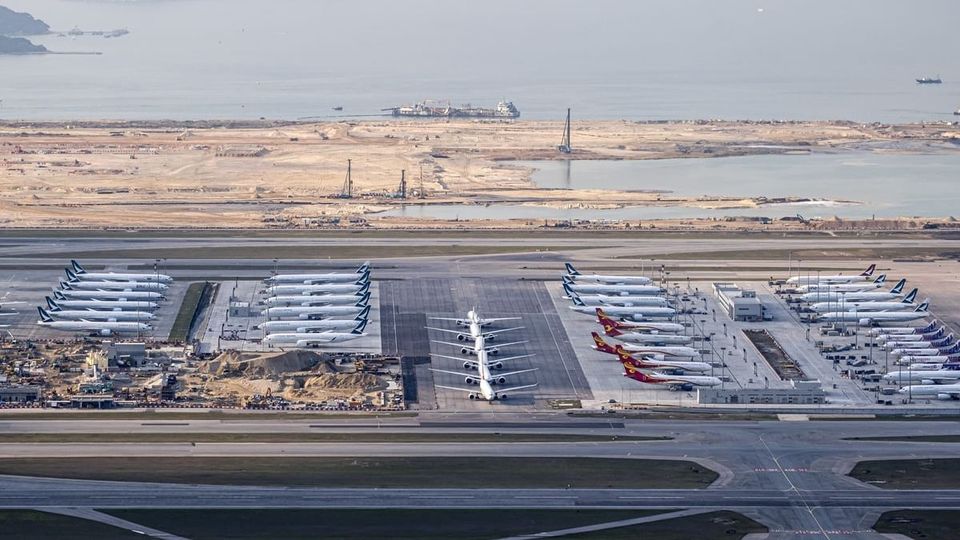 Parked airplanes at Hong Kong International Airport on March 5.
