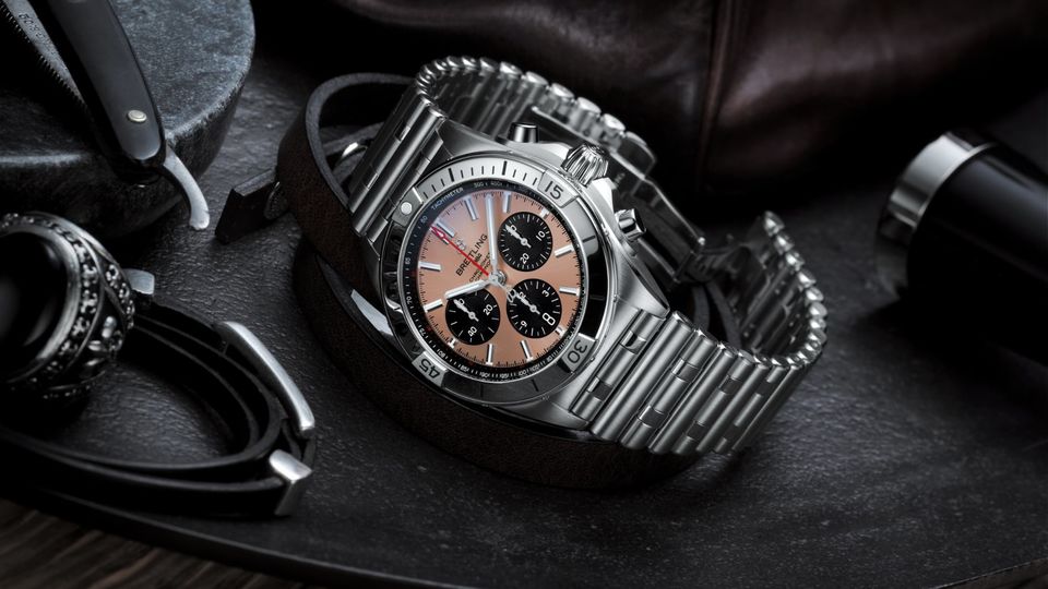 The new Chronomat with with a copper-coloured dial and-black contrasting chronograph counters.