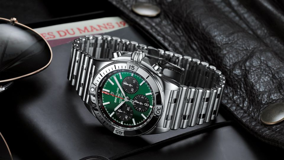 The Chronomat Bentley sports a green dial surrounded by contrasting black chronograph counters.