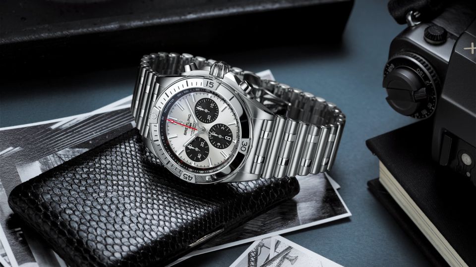 The new Chronomat with a silver dial and black contrasting chronograph counters.