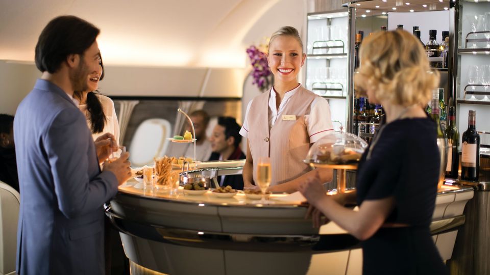 The business class bar on board Emirates' Airbus A380.