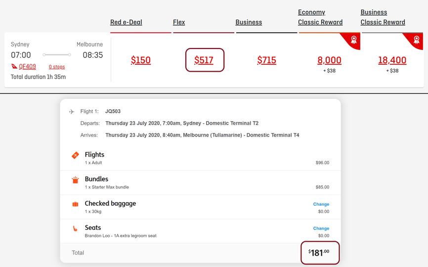 Comparison of same-timed flights with Qantas flexible economy and Jetstar 'Max' bundle.