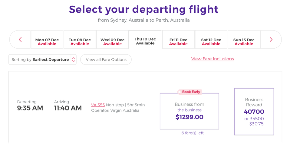 This combined screenshot shows the cost of a Sydney-Perth business class ticket in cash and Velocity Points.