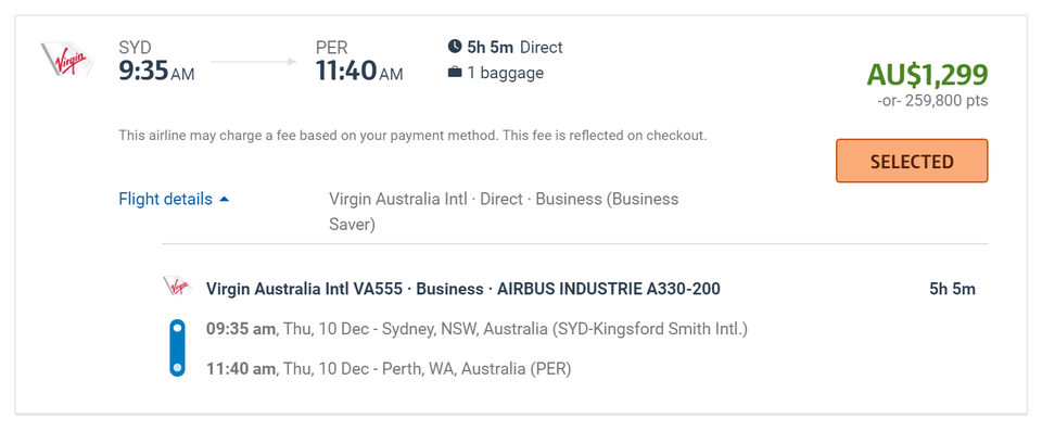 Example of a flight being booked through Flybuys Travel.