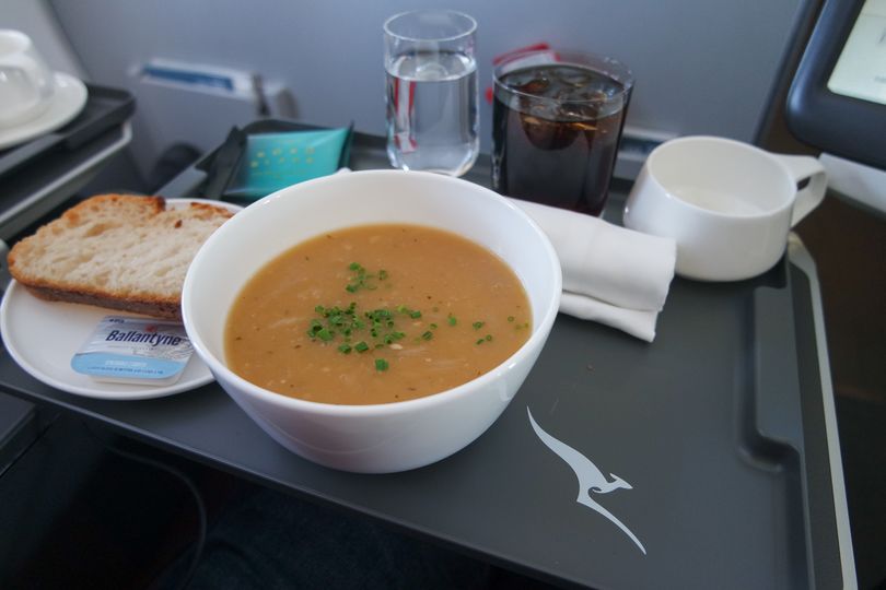 Soup is often a refreshment meal on Qantas Boeing 737 business class.