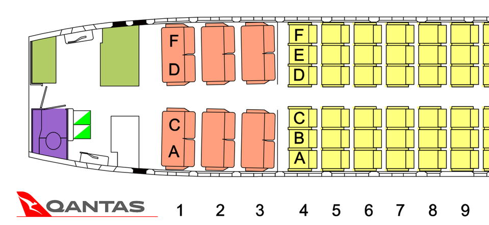 The seating layout near the front of Qantas' Boeing 737s.