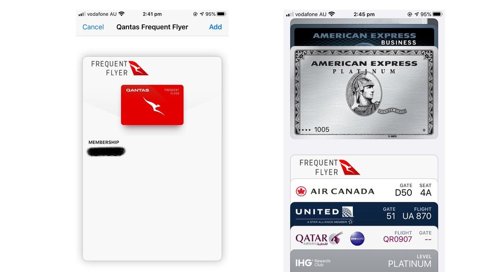 Adding a digital Qantas Frequent Flyer card to Apple Wallet.