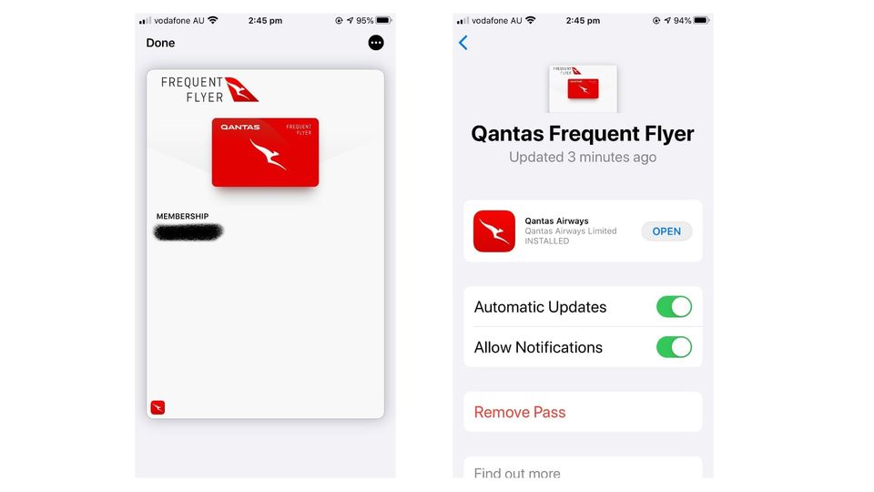 Using a digital Qantas Frequent Flyer card in Apple Wallet.