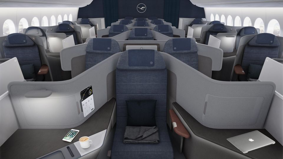 Lufthansa's unique Boeing 777-9 business class layout puts an emphasis on privacy and personal space.