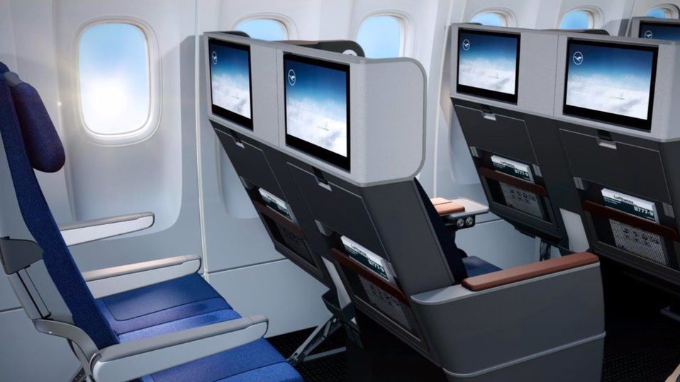 Lufthansa's Boeing 777X premium economy seat, shown here perched ahead of economy class.