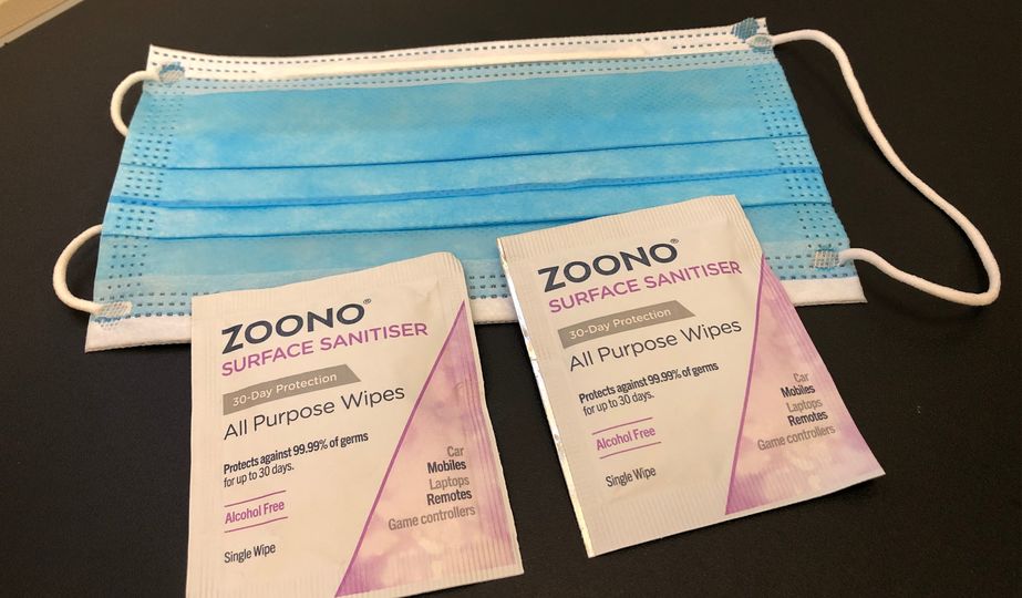 The Fly Well pack contains a face mask and two sanitising wipes.