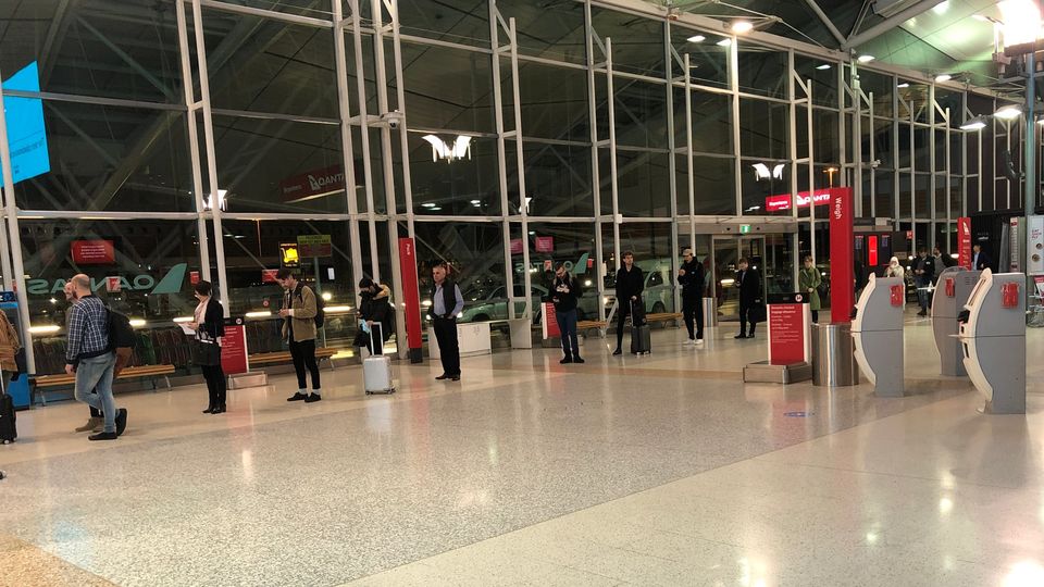 More of the snaking socially-distanced security line at Sydney Airport's Terminal 3.