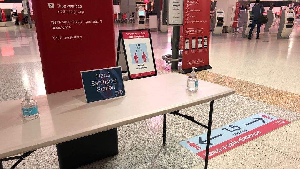 A hand sanitising station at Sydney Airport Terminal 3.