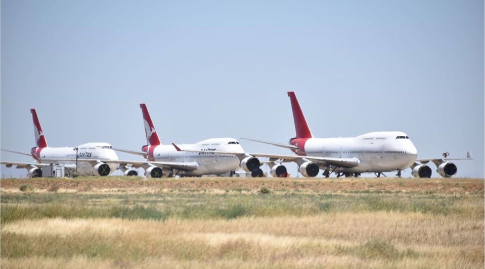Three Qantas Boeing 747s at Mojave, with one already stripped of its markings and listed for parts.. https://www.instagram.com/west_coast_aviation/