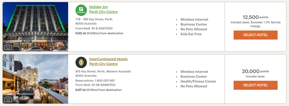 The InterContinental Perth is going for an attractive rate using points compared to the Holiday Inn.