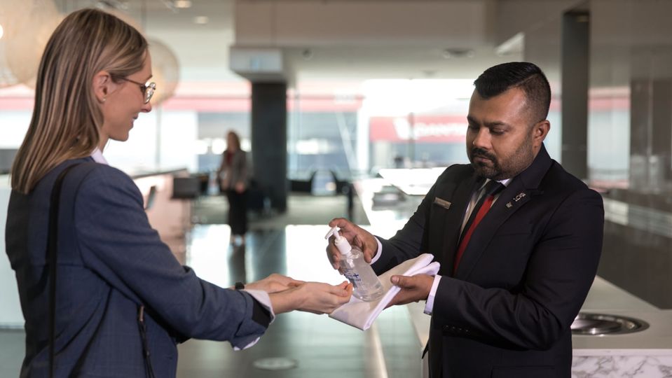 Take a spritz of hand sanitiser on arrival.