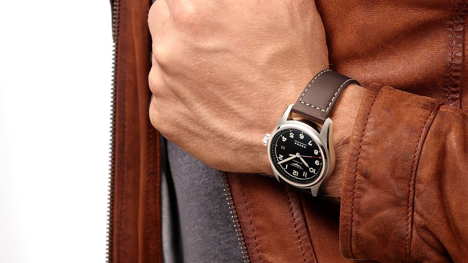 The 40mm black-dialled Longines Spirit looking casual.