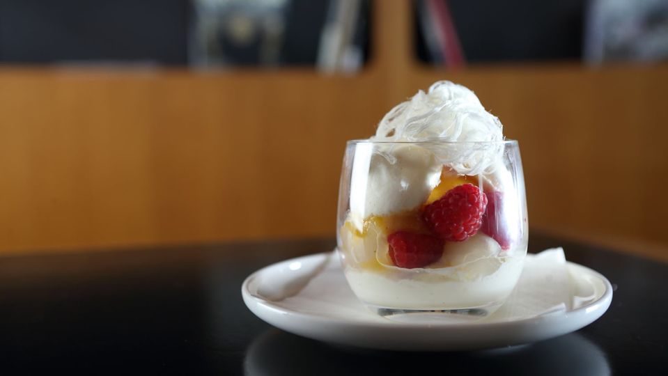 Perry's 'pav in a glass' is a signature dish of the Qantas first class lounges.