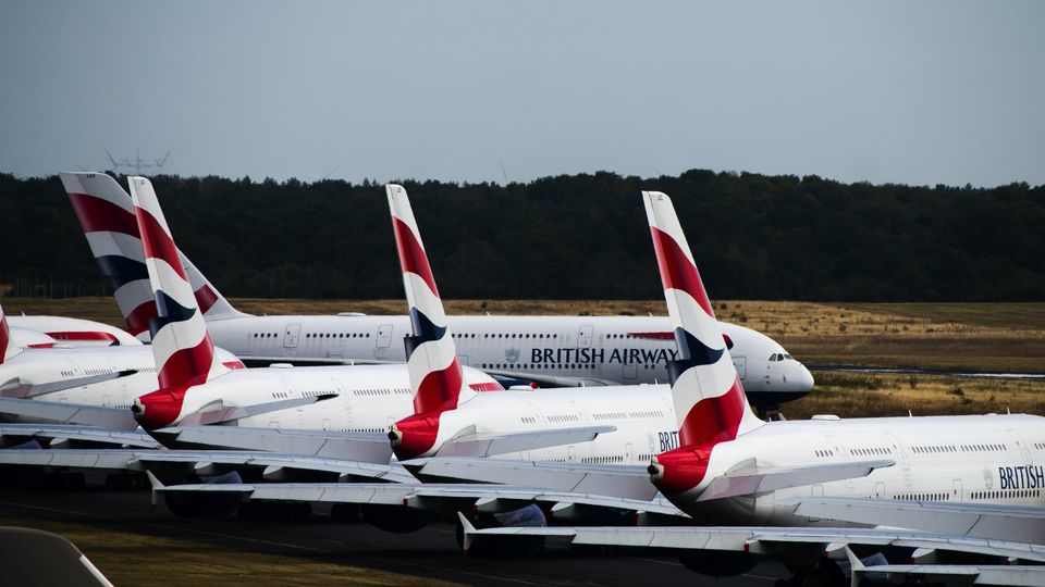 A fleet of grounded British Airways Airbus A380 superjumbos at Chateauroux airport.