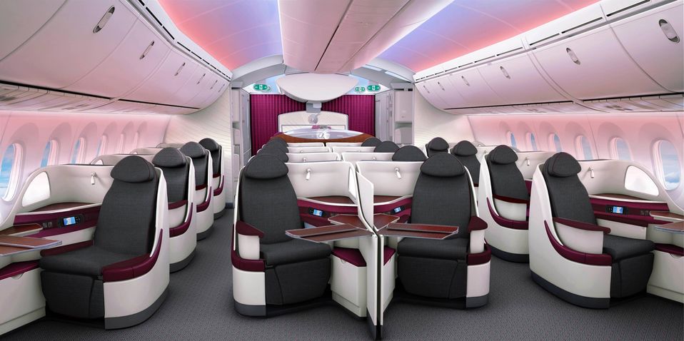 Qatar Airways' Boeing 787-8 business class cabin.