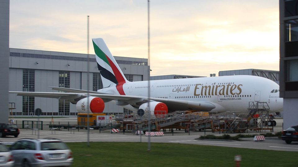 An Emirates Airbus A380 at the opposite end of its life, awaiting delivery from Airbus HQ.