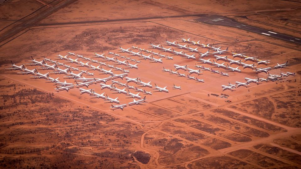 Over a hundred jets stand idle at this outback storage facility.