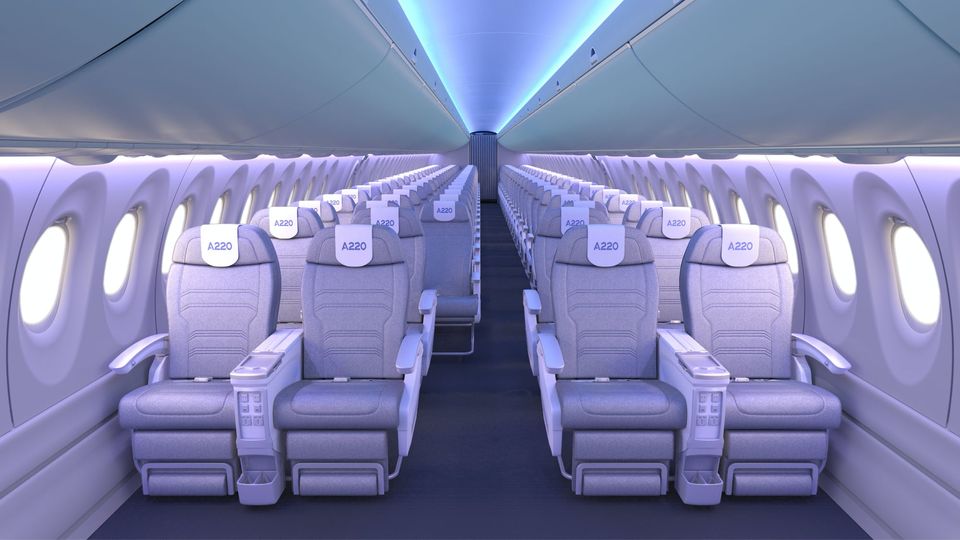 The Airbus A220 with a two-class cabin.