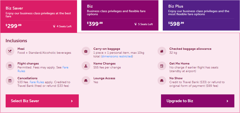 Rex's three-tiered Boeing 737 business class fare structure.