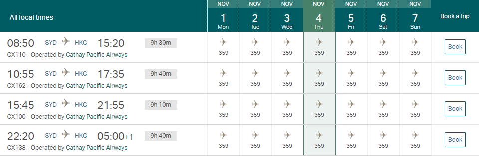 In Cathay Pacific's booking system, "359" is shorthand for the Airbus A350-900.
