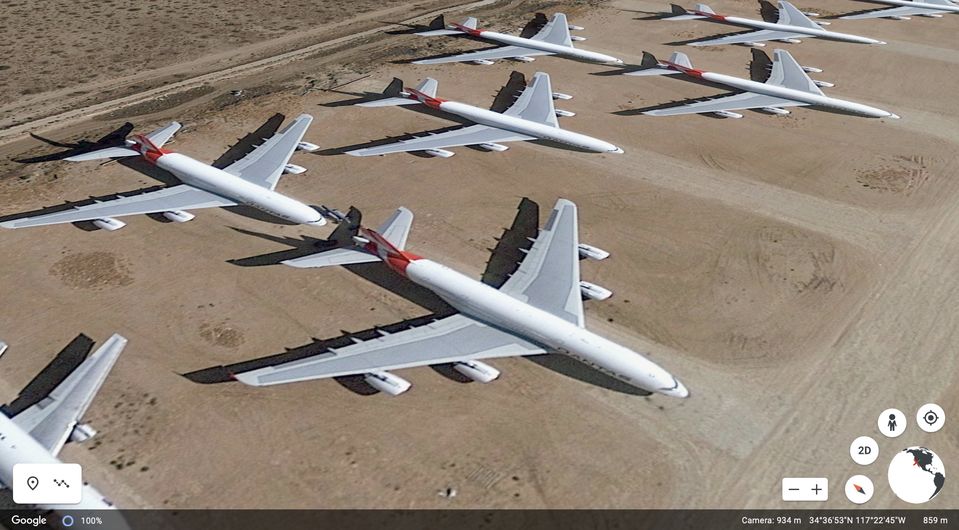 Google Earth provides a bird's-eye view of Qantas' Airbus A380s in storage.