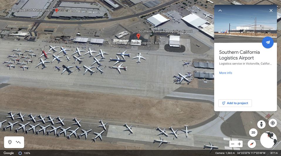 Google Earth provides a bird's-eye view of Qantas' Airbus A380s in storage.