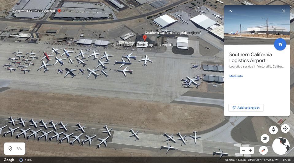 Google Earth provides a bird's-eye view of Qantas' Airbus A380s in storage.