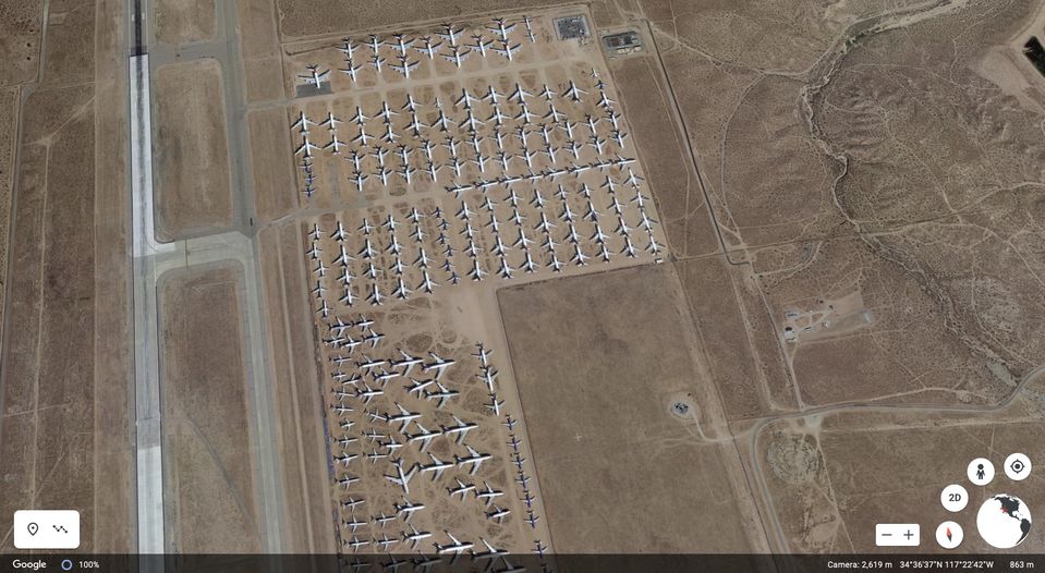 Google Earth provides a bird's-eye view of Qantas' Airbus A380s in storage.