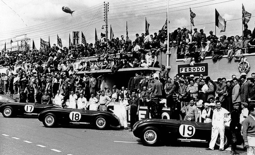 Jaguar’s C-type racing team stands before the start of the 1953 Le Mans 24 Hours, with Stirling Moss with No. 17. Moss would finish second overall, with Peter Walker.